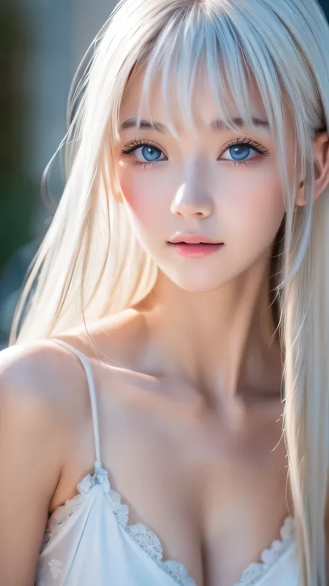RAW Photos、((( Extreme Beauty Portrait )))、((Beautiful white skin ))、 1 girl、Baby Face、Pretty Beautiful Girl 、(( Shiny Bright Platinum Blonde Hair ))、Cute clothes、 Hair Hanging on Her Face 、[charming whitish extremely bright light blue eyes]、 Super Long St...