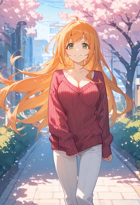 anime style, solo, dynamic view, pecorine, princess connect!, (size breast:1.1), green eyes, long hair, orange hair, glazed eyes...