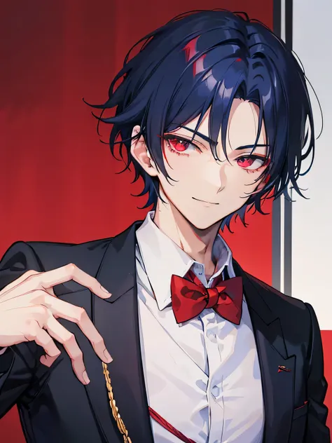 A handsome man, red crimson eyes color, dark blue hair color, short hair, smile, poem dress, black suit, red bowtie, gangster, scar, lighter