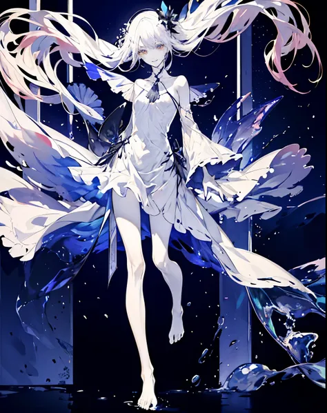， a beautiful girl ，（ luxury platinum mini tower ， made of transparent material ），（Transparent clothes transparent 1. 8）， Perfect Body ，Tall，slim，（With a smile on your face，Haggard face， pale skin ，aggrieved lips ：1.2）。 against an unusually bright dark sta...