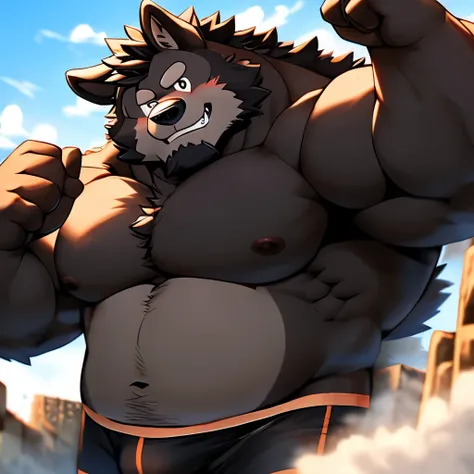 masterpiece,furry art, Vati, detailed , hairy chest and neck with thick black fur, hairy black body ,gutaussehender muskulöser Dogemann, boxer shorts with puppy pattern , hairy arms ,big round eyes,  the of long black Covered coat ,pelziger Anime,muscular ...