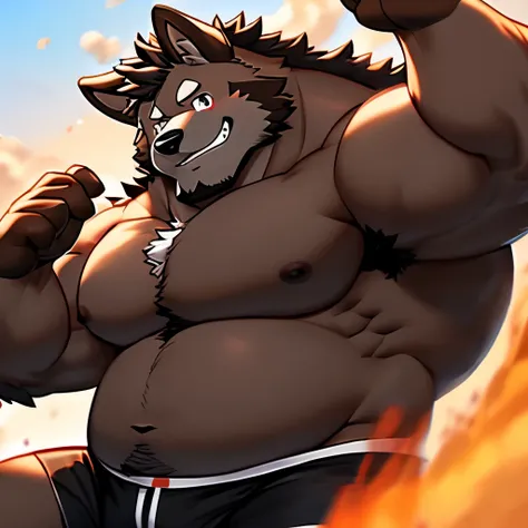 masterpiece,furry art, Vati, detailed , hairy chest and neck with thick black fur, hairy black body ,gutaussehender muskulöser Dogemann, boxer shorts with puppy pattern , hairy arms ,big round eyes,  the of long black Covered coat ,pelziger Anime,muscular ...