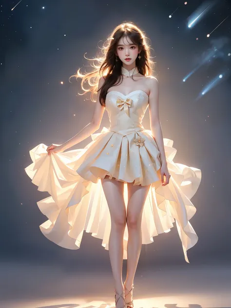 strapless dress,bow, yellow dress,white thighhighs,blue ribbon, ,((full body)), (Asian beauty: 1.3), girl, solo, (toned body: 1.2) (naturally large breasts: 1.1), (visible cleavage: 0.8) (smooth flawless skin: 1.2), (perfect anatomical proportions: 1.3) (N...