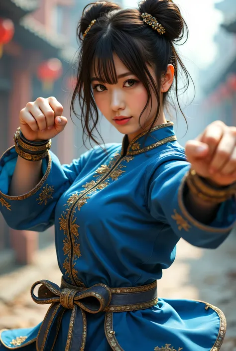 chun-li from street fight ii,perfect chun li costume,blue cheongsam with gold lines,bun head,bun cover,fighting pose,masterpiece...