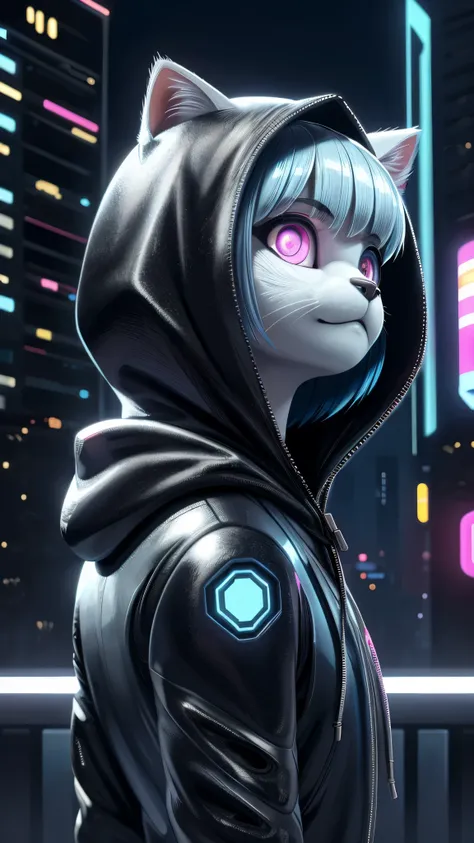 white cat,female cat wearing a hoodie,night city,future city, cyberpunk, black hoodie, kampala,  bob cut,shiny fur,odd eye,myste...