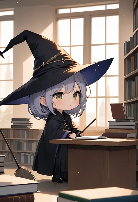 masterpiece, best quality, ultra-detailed,chibi, Inside a quiet, modern library, a witch in full traditional garb—pointed hat, broomstick, and all—sits at a sleek, minimalist desk, poring over a stack of academic journals. The witch’s black robes contrast ...