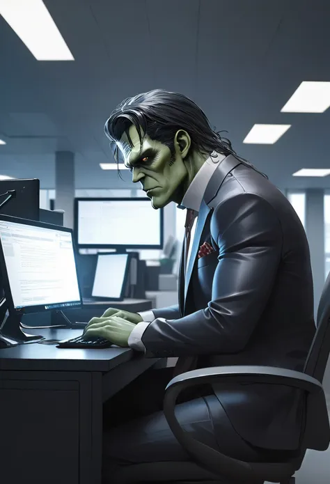 masterpiece, best quality, ultra-detailed, hyper-realistic, Inside a modern, open-concept office space, Frankenstein’s monster, dressed in a sharp business suit, sits at a desk, typing furiously on a computer. His large, bolted neck and stitched skin are unmistakable, but he appears completely focused on his work. Around him, other office workers are engaged in meetings, calls, and typing, treating him as just another colleague. The fluorescent lighting and clean, modern workspace are hyper-realistically detailed, with the glow of computer screens and neatly organized paperwork contrasting with the monster’s imposing figure. The absurdity of Frankenstein’s monster working in a corporate office is balanced by the scene’s realistic and serious atmosphere.