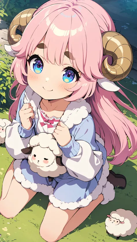 (masterpiece: 1.2), ( very detailed : 1.2), ( very detailed CG: 1.2), ( high quality: 1.2), (最 high quality), 8k, anime illustration , sheep girl with pink hair、 thick eyebrows、Super smile、wariza、Fluffy sheep 、cute