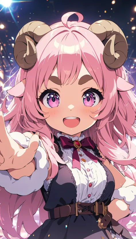 (masterpiece: 1.2), ( very detailed : 1.2), ( very detailed  CG: 1.2), ( high quality: 1.2), (最 high quality), 8k,  anime illustration , sheep girl with pink hair、 thick eyebrows、Super smile、Fluffy sheep 、cute,Strike a Pose、Light effects