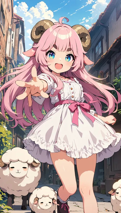 (masterpiece: 1.2), ( very detailed : 1.2), ( very detailed  CG: 1.2), ( high quality: 1.2), (最 high quality), 8k,  anime illustration , sheep girl with pink hair、 thick eyebrows、Super smile、Fluffy sheep 、cute,Strike a Pose、Light effects