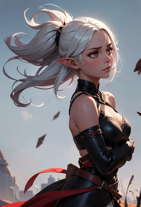  Under the gray light of dusk ,  the ELF DARK SKIN remained motionless ,  her short white hair blending with the cold mist that crept across the field. Your red eyes,  formerly fierce as embers ,  were now erased ,  reflecting only the desolation of the em...