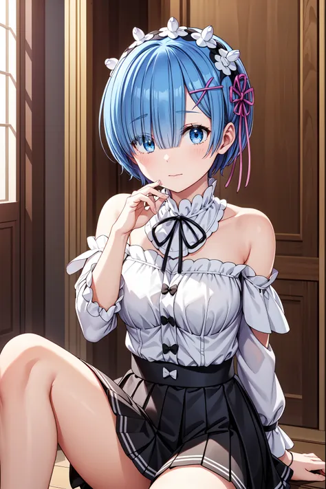 (masterpiece, best quality:1.2), (8k, extremely detailed cg), rem, rem_re_zero, 1girl, blue eyes, blue hair, short hair, hair ov...