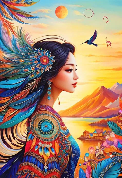 (masterpiece, Best Quality:1.2), Beautiful girl with feathers、 zendangle art、 Zentul,  complicated details,  cosmic energy, Dreamy landscape、fantastic pattern 