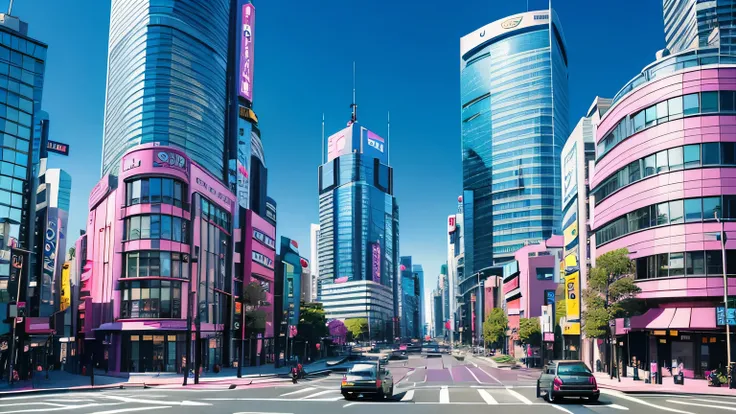 shibuya cityscape 　 no one　noon　sunny　blue sky　cloud　main street　 taxi is parked at the end　sidewalk left and right 　future city...