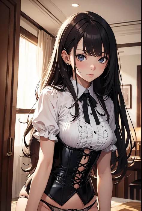 (Best Quality, Masterpiece: 1.1), (Fidelity: 1.4), 1 girl, upper body, long hair, five-star hotel, black corset, messy clothes, panties