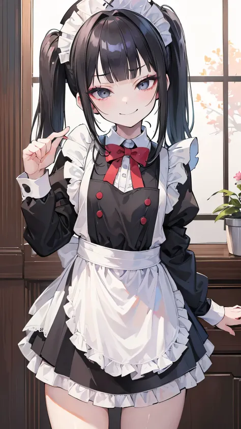 ((masterpiece、Best Quality、 very detailed ))、One Girl、Black Hair、twintails、blunt bangs、Grey Eyes、evil smile、(( smirks))、Small breasts、White brim、((maid))、((micro miniskirt))、((apron))、 cowboy shot、Luxury room background