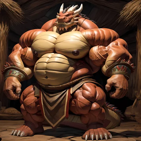 an eastern dragon king, and dragon tribal chief, he is a male dragon warrior, he has hefty body, with very big muscles, hulking,...