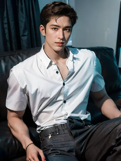 photography, masterpiece, best quality, 【8k,  high resolution ,  A Young Man ，20 years old， Height 190 cm , Tall model figure ,(The most Handsome man in the world)，(((brown hair))) , (asian man:2) ,(black eyes),  (( Korean Man )), (((asian men))),Handsome,  has sexy physique , He poses Handsomely， x} He is a Korean idol ，((  Half-to-knee shooting  ))，(digital photography,realistic, photo real istic, photo real ) ,( best quality ), (Top), ( High Quality Image ), (mackerel  ),(dark skin:1.8),(mackerel  ),((alone)) ,(trousers), Korean Fashion ,(( Full dress ))，(((buttoned shirt))),(((buttoned shirt))),( trousers)，short sleeve shirt,trousers, shirt ，Oversized，belt, short hair， Special Design shirt ，Fashion shirt , black and white dress  , Handsomely pose,trousers, Handsomely sitting on sofa ，denim trousers