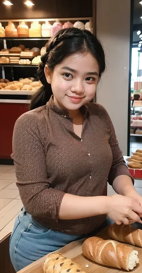 indonesian girl, french bakery、one girl、Baker、Snazzy、french braid、brown eyes、plump lips、anatomy、surreal、highest quality、ultra high resolution、Super detailed、RAW photo、８ｋ、everyday scenery、A shop with delicious baguettes、