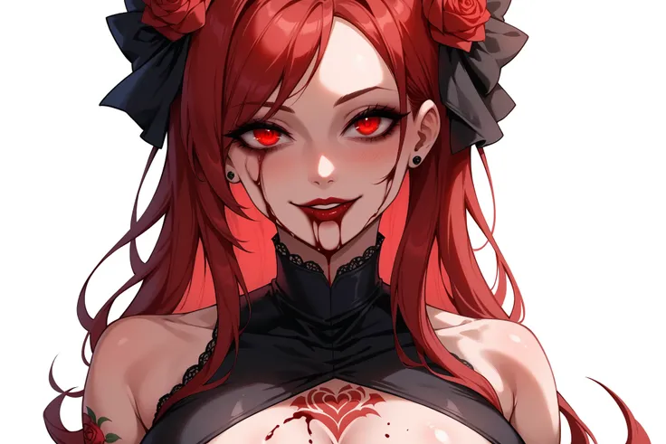 A girl with red eyes, scarlet hair, she has a red rose in her hair. She is wearing a very sexy gothic black dress. She has a very intense look, a sadistic smile, blood red lipstick. She has very enormous breasts. She has a red rose tattoo on her chest. She...