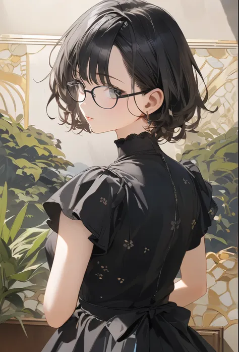 1 girl (cute, white skin, 青 white skin,(wear ((Simple)) black maid outfit:1.4),( black maid outfit(Black Embroidered Floral Pattern , Edge):1.3), (wear black glasses:1.4), (((green eyes))), Black Boots , Black Hair, short bob hair, break ,Isometric vie...