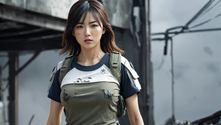 Japanese women soldier from the future, sexy, good body, ultrarealistic, 8k, UHD, with a damaged t-shirt.