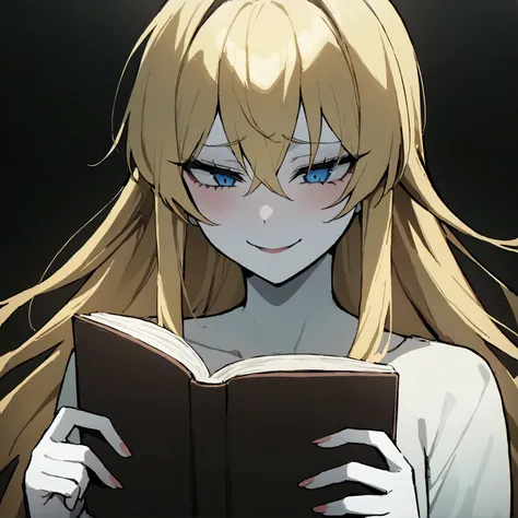 ( masterpiece :1.2, the best quality),  an anime girl with blond hair and blue eyes reading a book, estiló sardines, women's clo...