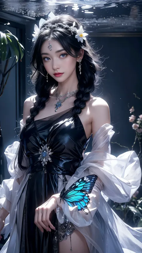 4K, Masterpiece, Best Quality, Detailed Background, Crystal, Crystal Cluster, Long Hair, Jewelry, Earrings, Necklace, Crown, Bride, Hair, Halo, (Overlook), Dynamic Angle, Ultra Detailed, Illustration, Close Up, Direct Look, 1girl, (Fantasy: 1.4), (detailed Eyes), (Beautiful and Delicate Eyes), (black Hair), (Messy Hair, Very Long Hair, French braids, hair between the eyes, side hair), ((hair flower)), (chiffon black strap dress, uniform black flower pattern), (split sleeves, wide sleeves), (fingerless gloves), choker, (miko thighhighs), (expressionless, shut up), (standing), (classical princess boudoir with dresser floor-to-ceiling windows ancient palace), (black flowers, blooming), (deep sea), (flowing water), (black world tree), (Ruins), (Night), dreamy, Soul, (fluorescent), (Translucent Butterfly),