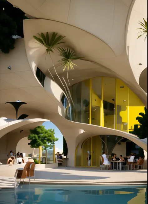  Cafe, concrete and yellow glass, by Syd Mead, park, people,  blue sky, 