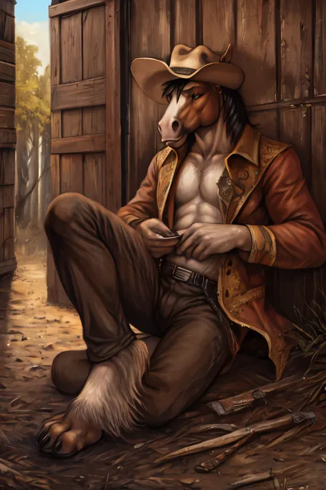(by rukis, by blotch, by personalami, by honovy, by zackary911), male, solo, questionable, horse, clothed, cowboy clothes, cowboy hat, brown, fur, farwest, tail, feet, nails, sitting, open jacket, horse trail, covering self (showing his feet) (feet focus) ...