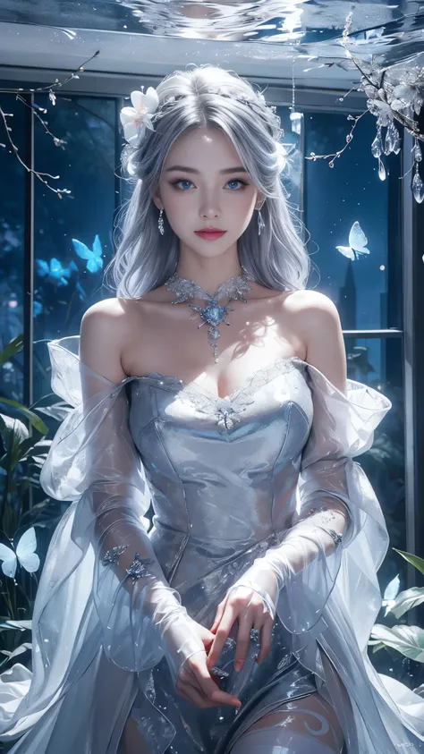 4K, Masterpiece, Best Quality, Detailed Background, Crystal, Crystal Cluster, Long Hair, Jewelry, Earrings, Necklace, Crown, Bride, Hair, Halo, (Overlook), Dynamic Angle, Ultra Detailed, Illustration, Close Up, Direct Look, 1girl, (Fantasy: 1.4), (detailed...