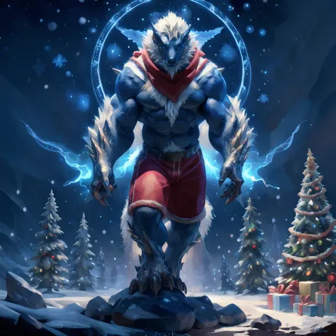 fantasy concept art of taran fiddler, anthro white zinogre siting under christmas tree, (detailed eye), footgear, blue eyes, (re...