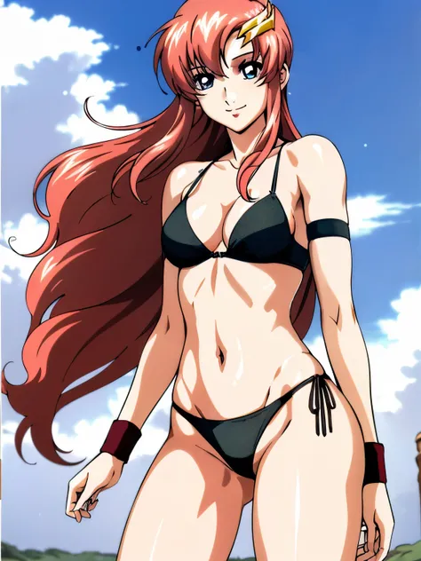 lacus4, (black bikini:1.5), (running, thong, (tall girl:1.5), (biceps:1.1), (hair details:1.3), (pale skin:1.2), (face details:1.0), masterpiece, cowboy shot, very slim shoulders, 4K, (Best Quality:1.2), Anime style: 1.9, happy, Adult Woman, (ultra detaile...