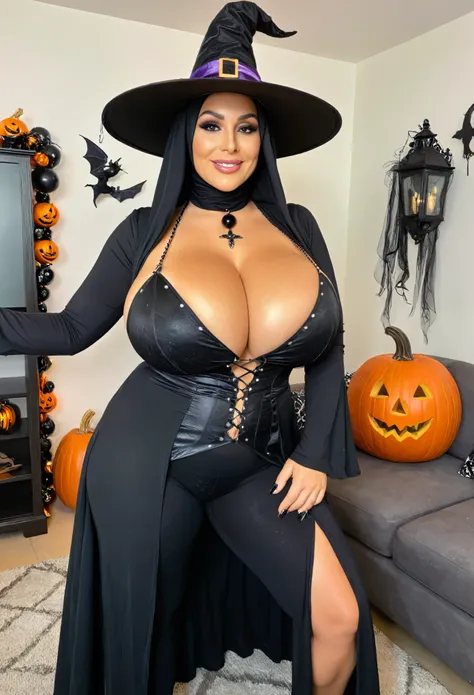 take selfie . mature arabic woman, body curvy plus size, huge breast. wears a sexy witch costume . with hijab , wears jewels, high resolution, very detailed, makeup black. smilling face, in a living room detailed with hallowen decorations . high resolution...