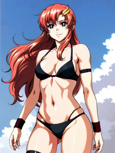 lacus4, (black bikini:1.5), (running, thong, (tall girl:1.5), (biceps:1.1), (hair details:1.3), (pale skin:1.2), (face details:1.0), masterpiece, cowboy shot, very slim shoulders, 4K, (Best Quality:1.2), Anime style: 1.9, happy, Adult Woman, (ultra detaile...