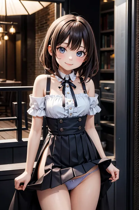 (masterpiece),  best quality ,  detailed background , Cinema Lighting,  1 girl , Alone,  very cute,  embarrassing,With a smile,  medium hair , Big white ribbon,bare shoulders, wide open chest ,Very short dress lift, skirt flip,Light blue panties, Ruffled s...