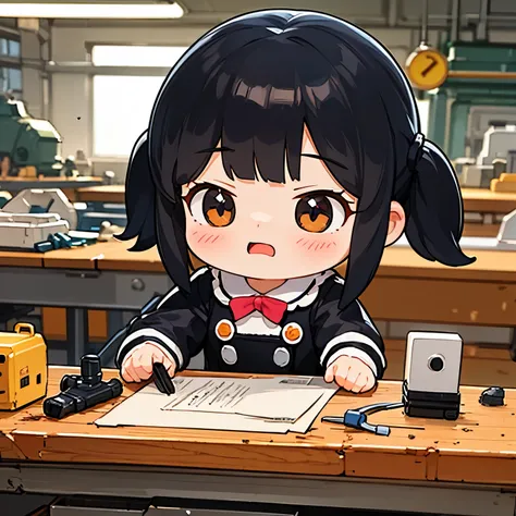 Works with the Sana mascot character, An absurd solution,  Kampala, (masterpiece: 1.4), Super detailed, Young , Dirty black hair, Welder dresses up , Mocking expression, High-tech workbench in factory,  Technology Sense Screens
