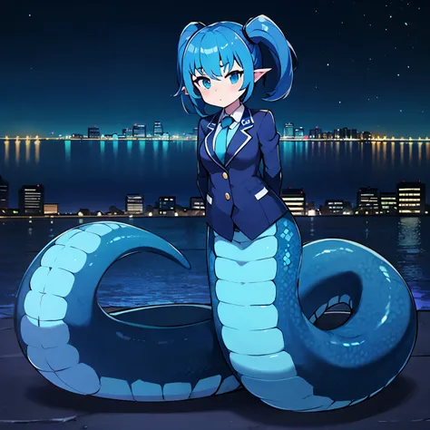 1girl, dark blue hair, light blue eyes, ((teal suit)), purple tie, lamia, dark blue scales, tail, standing, city, 4k, 8k, 16k, small breasts, nighttime, best quality, dark blue long pigtails, full body, mini topha