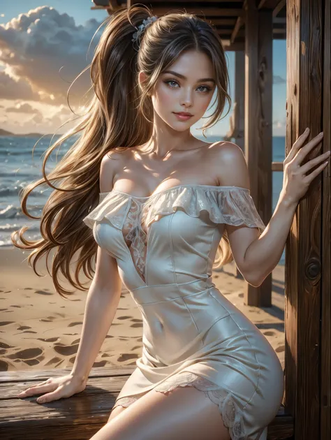 1 beautiful female, smiley face smile on face, hot body curves, super model, photo of slim girl, photo of slim girl, beautiful woman body, beautiful sexy woman photo, (Background with:the rainforest), high ponytails, detailed very long hair blowing in the ...