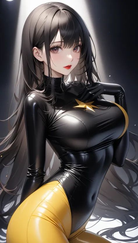 Portraiture、（masterpiece，Highest quality，super high resolution）Black long hair，（（（Very beautiful girl））），Red lips，（Maize latex bodysuit set）、big round Breasts，（Maize latex trousers）（A BLACK-colored long-sleeved latex shirt that covers the upper body）、BLACK...