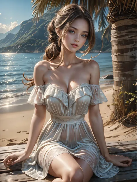 1 beautiful female, smiley face smile on face, hot body curves, super model, photo of slim girl, photo of slim girl, beautiful woman body, beautiful sexy woman photo, (Background with:the rainforest), high ponytails, detailed very long hair blowing in the ...