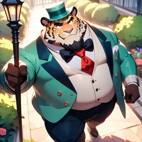 dynamic angle, gentleman, Overweight middle-aged English jaguar man, silk hat, Walking Cane , A light smile, Take a walk, Brown Eyes , beautiful beard , Male face, Big Face, Male Eyes , Sharp Eye, Big Eyes, Male eyebrows, Innocent Expression , Flexibl...