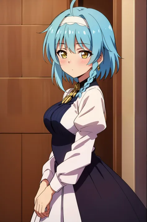 obra maestra, la mejor calidad, 1girl, ahoge, blue hair, blush, braid, dress, hairband, jewelry, short hair, yellow eyes