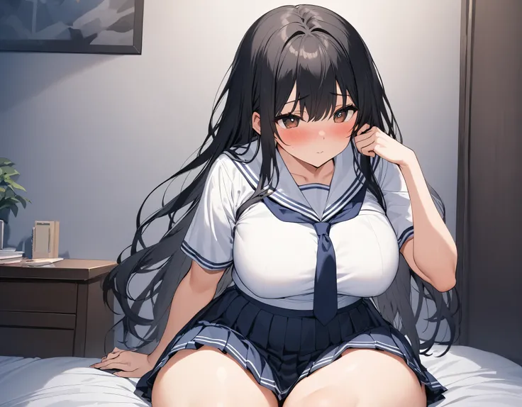 Alone:1.3 Black hair:1.Blushing :1.A high school girl in a navy blue pleated skirt with 3 middle hair, brown eyes, round eyes, white bows, big legs, thick legs, wearing a white summer sailor suit wearing a dark blue tie, shes sitting on the bed in my room ...