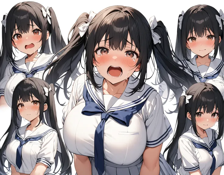 Alone:1.3 close-up black hair with facial expressions :1. 3 twin-tail middle hair with brown eyes, round eyes, white bows, big breasts, thick legs, dark blue ties, dark blue ties in a white summer sailor suit:1. 3 high school girls crying with tears at the...