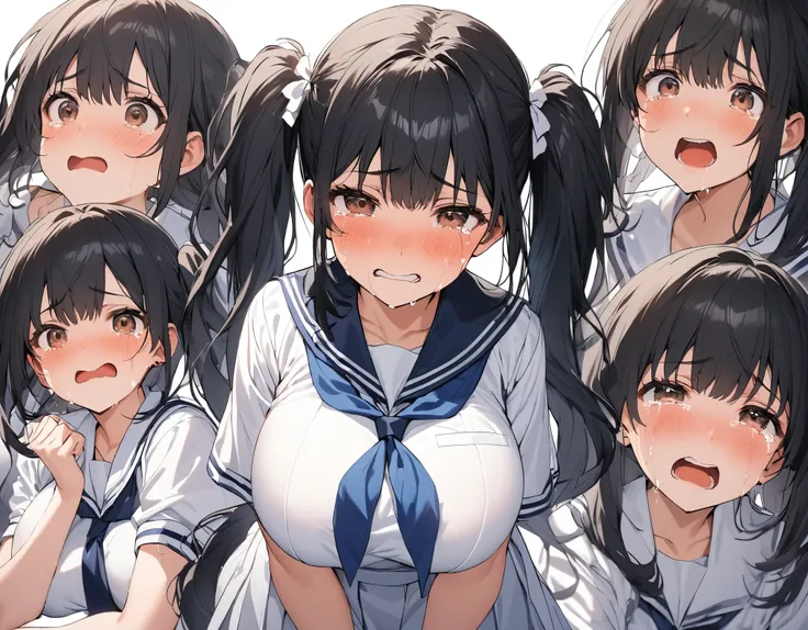 Alone:1.3 close-up black hair with facial expressions :1. 3 twin-tail middle hair with brown eyes, round eyes, white bows, big breasts, thick legs, dark blue ties, dark blue ties in a white summer sailor suit:1. 3 high school girls crying with tears at the...