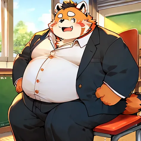 ((masterpiece)),((high quality)),  kemono art , Hairy characters,  kemono art , Full body photo, Boy anime style, Full body images, Hairy characters,  kemono art , obese red panda, a Full body images,  hes a very obese high school student （(Black clothes、W...