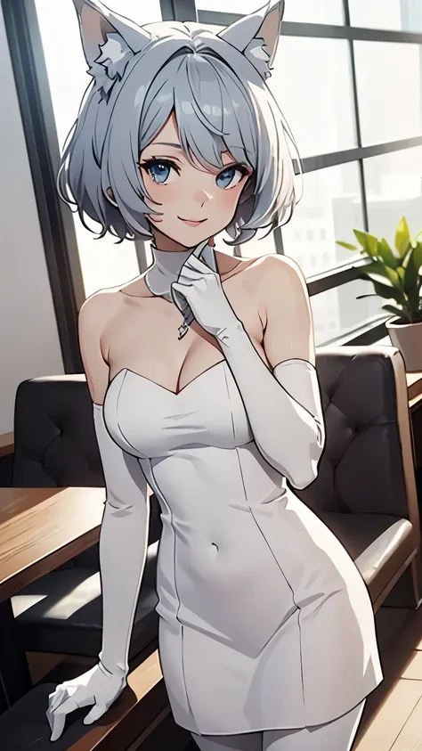  Cover your upper arms with a table top　 Best Quality　 Amazing　  attention to detail　One young woman（（adult））  anime style　White short dress（（ sleeveless）（  strapless）　Pure white handbag（    Elbow Gloves ）（satin）　  White Pantyhose  （Plain）　w pose　Wolf ears　  short hair（（ short hair）（Gray Hair）（  curly hair）（Fluffy））　smile（happy）　Eye color is blue　   