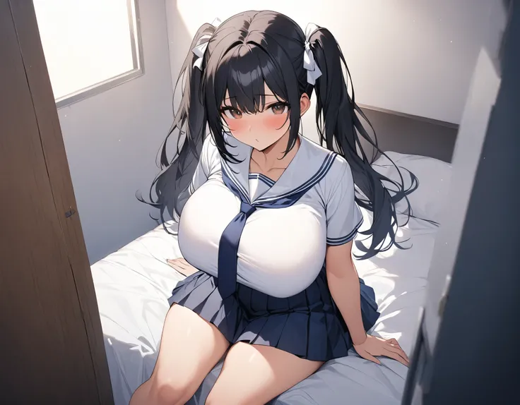 Alone:1.High school girl with 3 black hair, twin tails :1., 3 medium hair, brown eyes, white bows, big breasts, thick legs, dark blue ties wearing a white summer sailor suit wearing a dark blue tie, and a navy blue pleated skirt, shes sitting on the bed in...