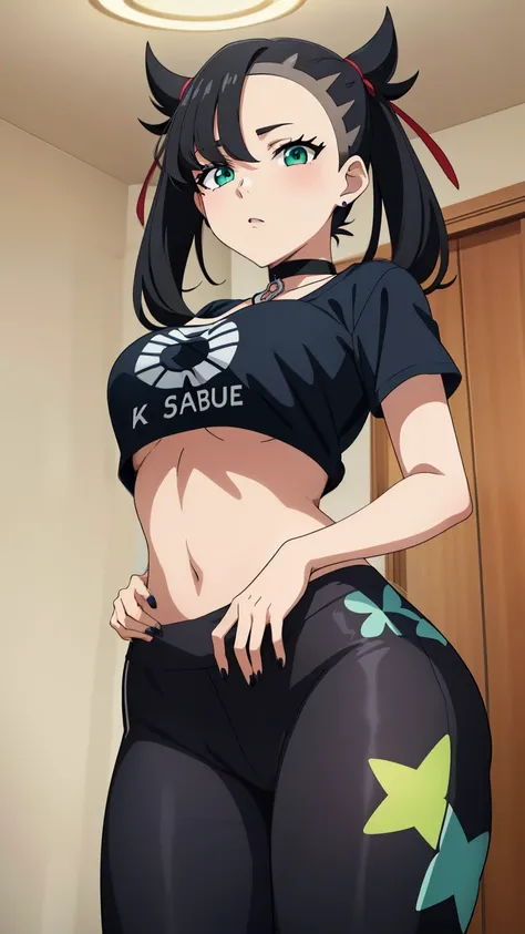 Marnie Pokemon, Marnie (Pokemon), blue-green eyes, green eyes, black hair, medium hair, asymmetrical bangs, black choker, red hair ribbon, earrings, black nail polish, medium breasted, (masterpiece, highest quality, highly detailed, 8k:1.2),Perfect eyes, d...
